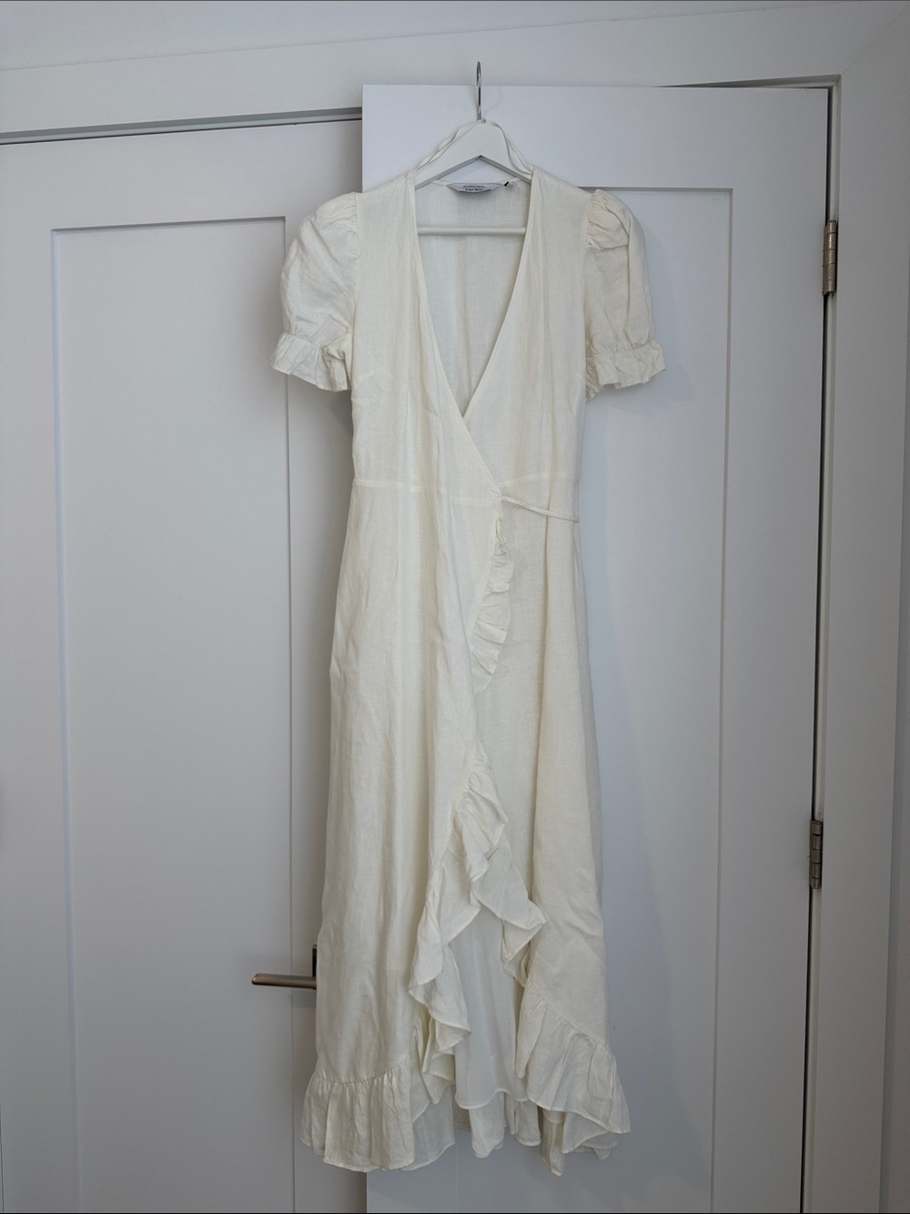 White Linen Ruffle Wrap Maxi Dress - Feminine V-Neck Style